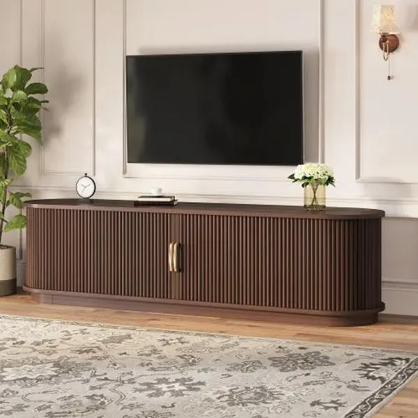 Bellemave  Vintage Rustic TV Stand with Sliding Wood Slatted Doors for TVs up to 75", Farmhouse Fluted TV Cabinet with Drawer, Wood Grain Media Console with Cable Management for Living Room, Bedroom