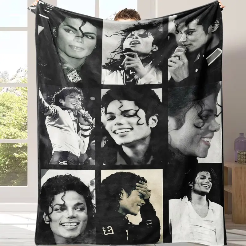 Michael Jackson Black White Photo Collage Flannel Fleece Blanket, King of Pop Music Legend Plush Throw Blanket, Soft Warm Cozy Fan Home Decor Blanket for Bed Sofa Couch, Perfect Memorabilia Gift for MJ Fans Music Lovers Birthday Holiday Present