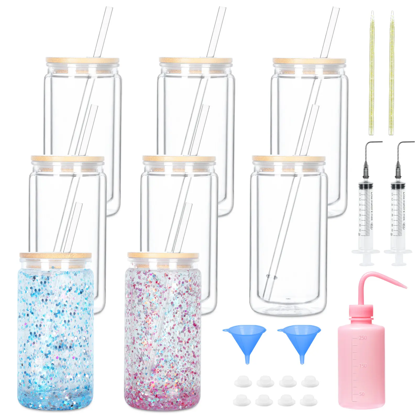 8-Pack 16oz Reusable Acrylic Snow Globe Tumbler Set, Double-Wall Washable Plastic Cup with Lid Water Bottles, Bamboo Lid, Straw & DIY Tool Kit for DIY Gifts