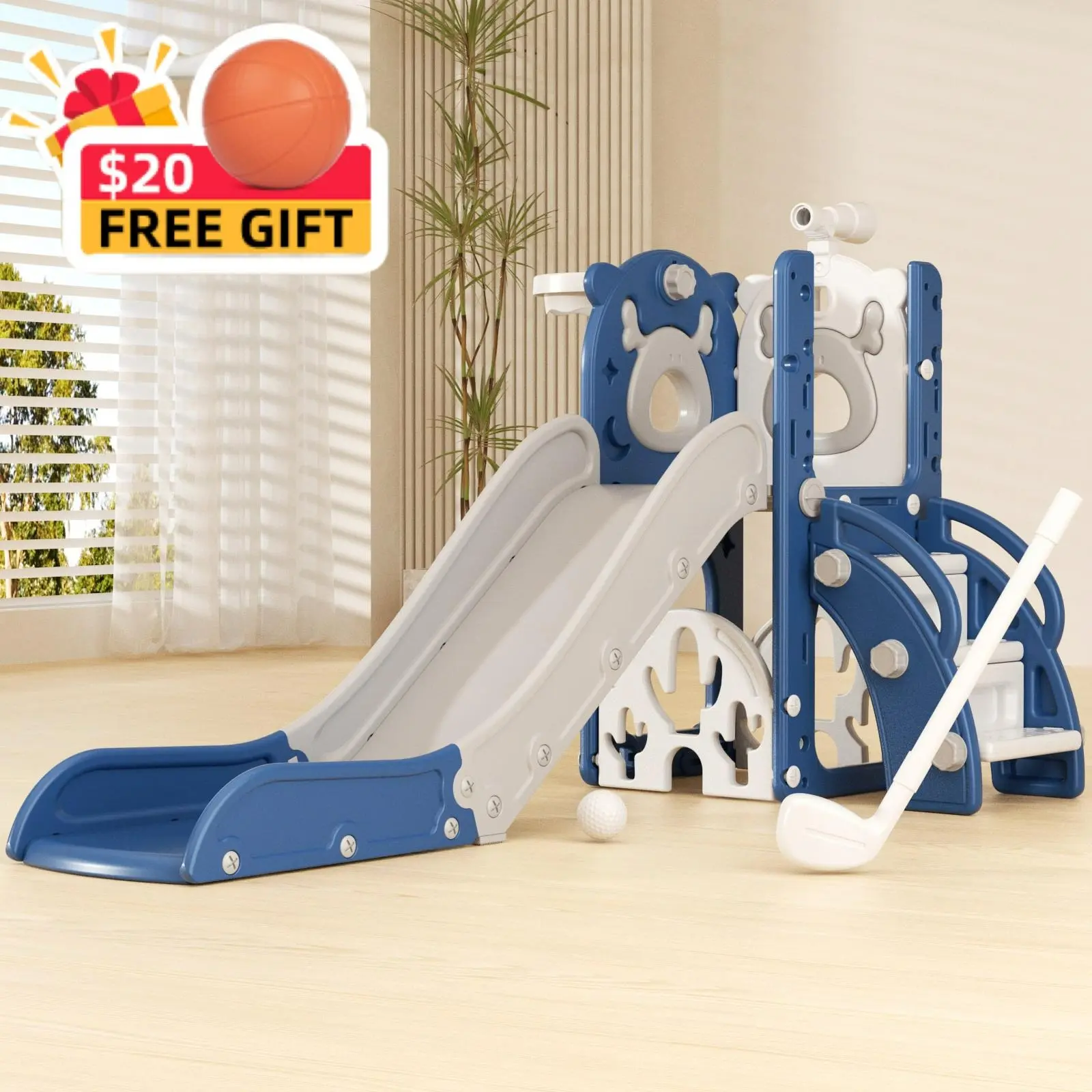 KORIMEFA 7 in 1 Toddler Slide, Kids Indoor Slide for Toddlers 12 to 36 Months, New Upgrade with Golf, Basketball Hoop for Indoor Outdoor Playset, Birthday Gifts for Toddler, DealsForYouDays