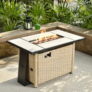 【Clearance Deal】OVIOS 42" Rectangular Patio Fire Pit Table, 50,000 BTU Outdoor Wicker Rattan Fire Table, Propane Fire pits with Ceramic Tabletop, Waterproof Cover, Lid and Lava Rock, 2 in 1 Square Fire pit