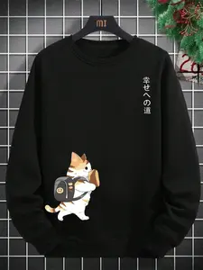 Men's Cute Cat Animal Print Pullovers, Long Sleeve Fitted, Stylish Graphic Design for Trendy Guys, Comfortable & Fashionable for Daily Casual Wear, Tops