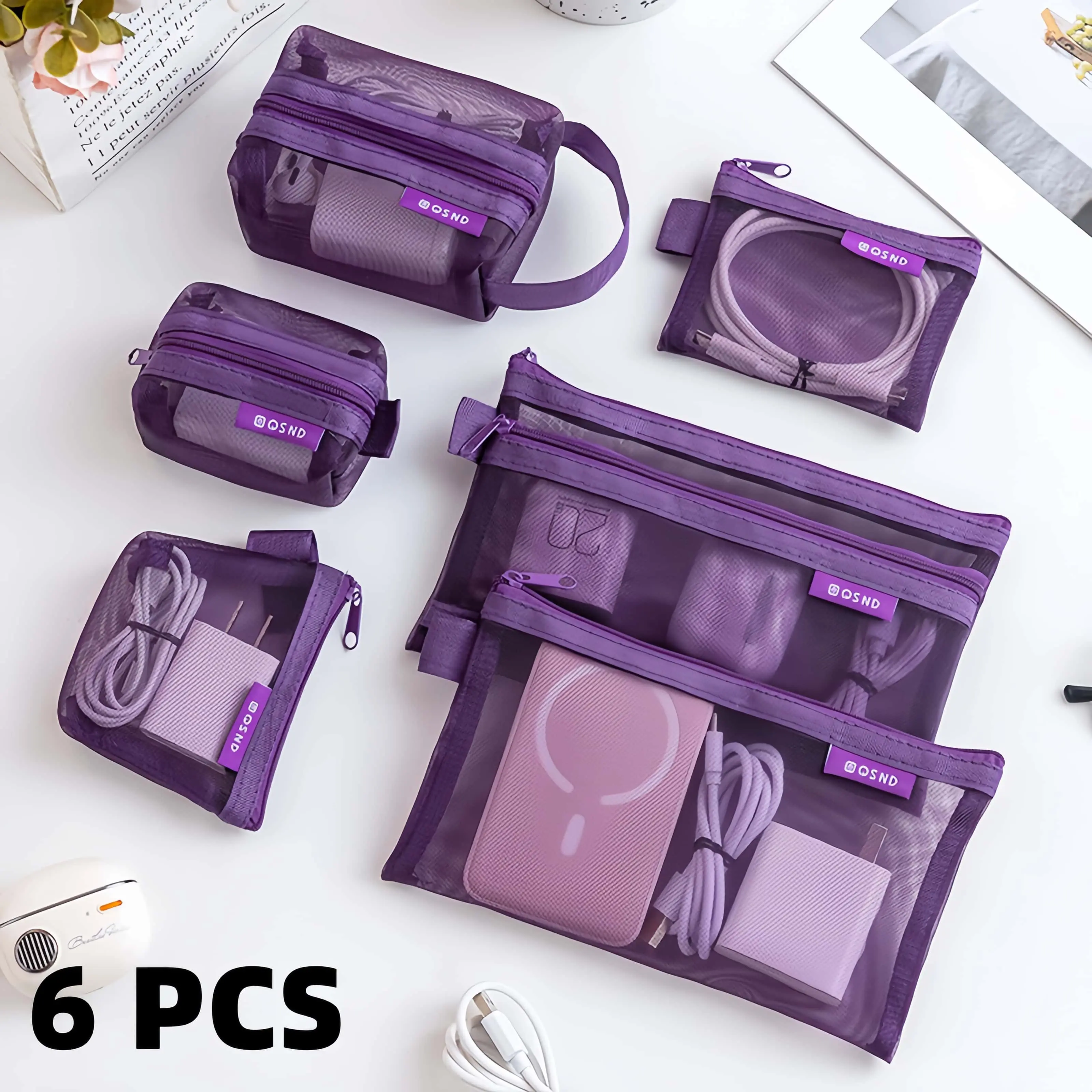 6PCS Mesh Storage Bags, Zipper Design, Transparent, Multi-Size Portable Organizer, Ideal for Cables, Keys, Cosmetics, Travel Essentials, Home Use-MM