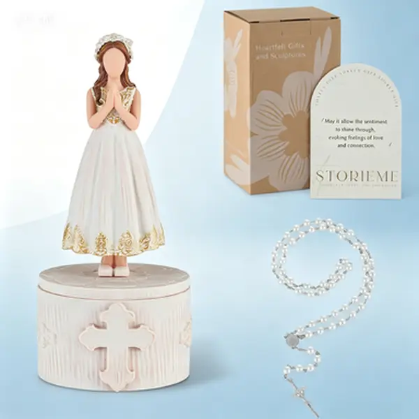 Girls' Christian Holy Communion Keepsake Box with Rosary Cross Bracelet, Resin Sculpture & Praying Girl Design - Holy Milestones Gift Set for Catholic Baptism, Confirmation - Festive Religious Storage Box, Companion
