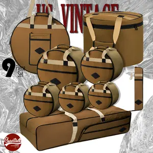BEATELLO Vintage Style Drum Bag Set, 9-piece set, including bass drum bag (22 inches), tom-tom bags (10 inches, 12 inches, 13 inches, 16-inch floor tom), snare drum bag (14 inches), heavy-duty hardware bag, 22-inch cymbal bag, and drumstick bag.