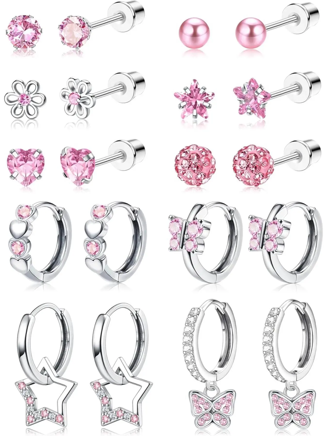 10Pairs Earrings for Women Girls Silver Stud Hoop Earrings Set Ear Studs Cute Dainty Jewelry Surgical Steel Hypoallergenic Earrings Pink Heart Butterfly Screw Back Earrings for Kids Sleeper Earrings, Screwback Earrings