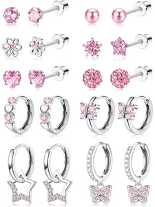 10 Pairs Cute Silver Color Stud Hoop Earrings Set, Hypoallergenic Surgical Steel Earrings with Heart Butterfly Flower Designs, Perfect for Women and Girls