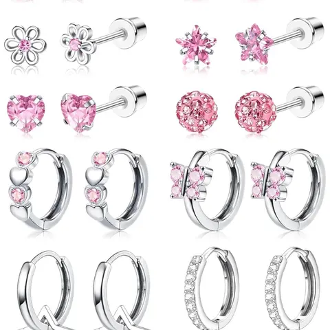 10 Pairs Earrings for Women Girls, Cute Surgical Steel Hypoallergenic Hoop Earrings, Heart Butterfly Flower Pearl, Daily Wear, Earring Set