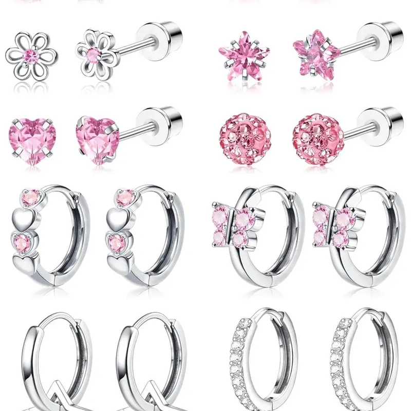 10 Pairs Earrings for Women Girls, Cute Surgical Steel Hypoallergenic Hoop Earrings, Heart Butterfly Flower Pearl, Daily Wear, Earring Set