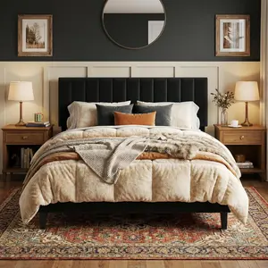 Bed Frame Full Queen King Size, Velvet Upholstered Platform Bed with Adjustable Vertical Channel Tufted Headboard, No Box Spring Needed, Easy Assembly, Black sturdy construction usb outlet