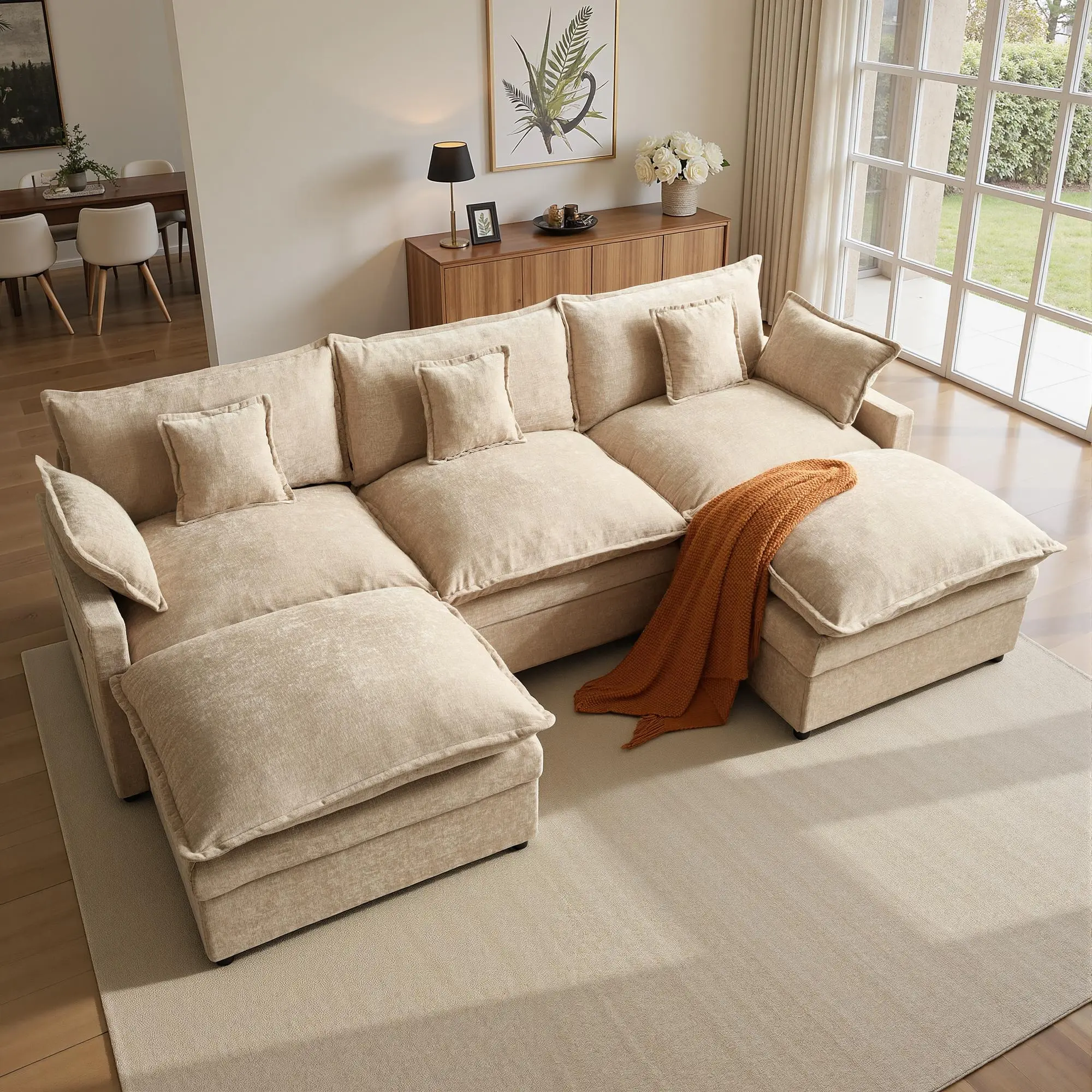 108" Oatmeal Chenille U Shaped with 2 Ottoman