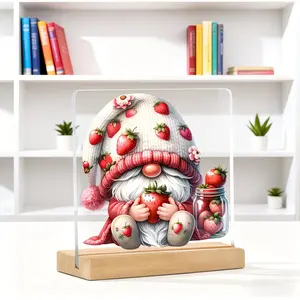 Desktop Decoration Design - Showcasing an Adorable Gnome with a Strawberry-Themed Hat, Holding a Strawberry And a Jar Filled with Strawberries. This Charming Piece Makes a Wonderful Gift