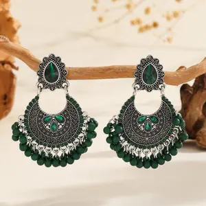 Indian Wedding Jewelry | Engagement & Pooja Jewelry | Nepali South Asian Earrings | Boho Asian Style Green Beaded Statement Earrings | Bollywood fashion