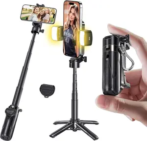Phone Tripod, Portable Selfie Stick, Pocket Size Tripod for iPhone, Selfie Stick with Wireless Detachable Remote Control & 2 Fill Light for Photograph, Live Streaming, Video Recording Adjustable Compact