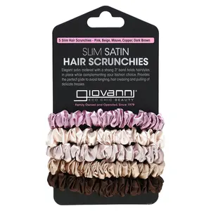 Giovanni Slim Satin Hair Scrunchies, Pink, Beige, Mauve, Copper, Dark Brown, 5 Scrunchies