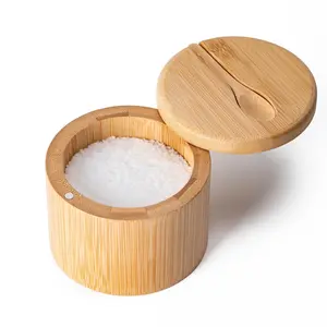 6 Ounce Bamboo Salt Cellar with Magnetic Swivel Lid, Spice Box with Spoon, Round Salt Container for Storing Salt Pepper Sugar Herbs