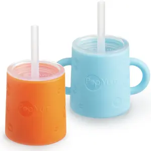 PopYum Silicone Training Cup with Straw and Lid 2-Pack for Baby, Infant and Toddler, Tumbler, Sippy, handles, 5 ounce (blue, orange)