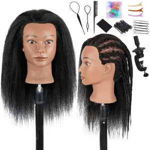 Mannequin Head 100% Real Human Hair 18" Mannequin Head Human Hair Cosmetology Doll Head for Hairdresser Practice Braiding Styling Curling Cutting Display (Black Hair)