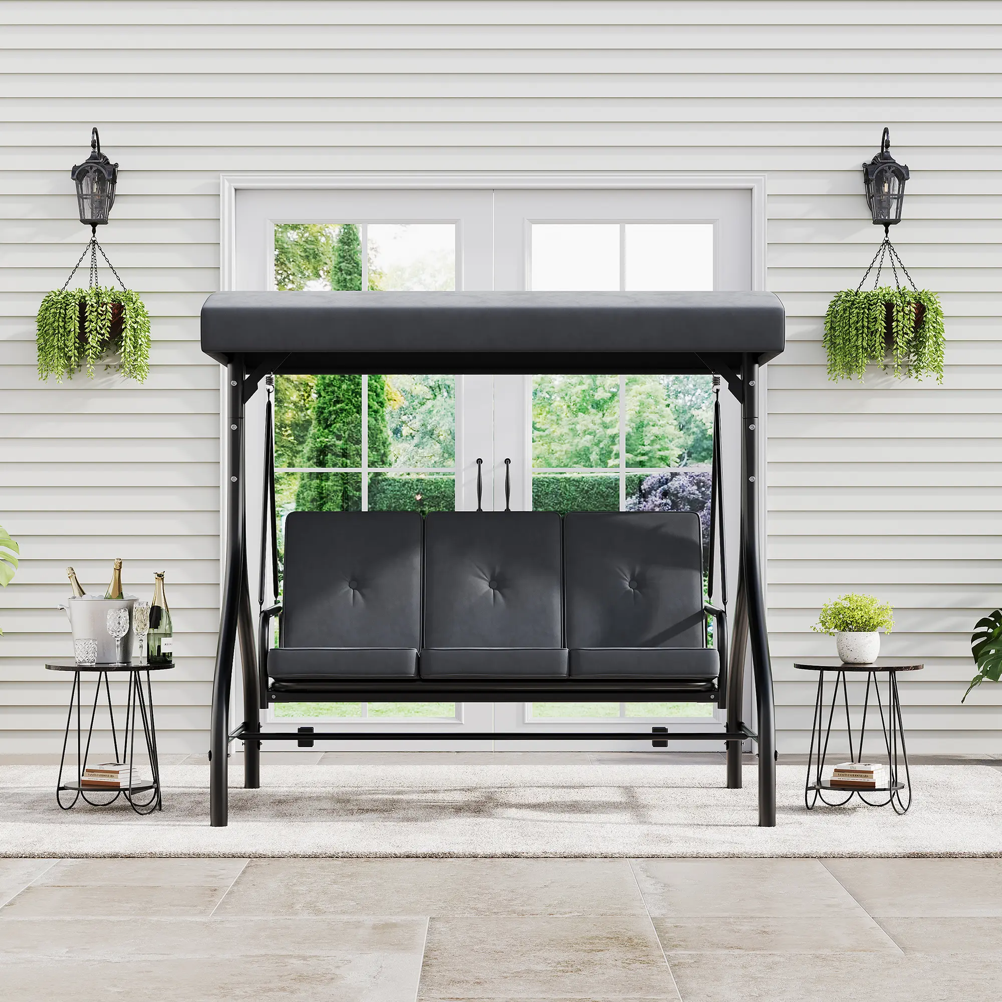 Adult 3-Seat 2-in-1 Convertible Outdoor Porch Swing Chair with Iron Frame, Hanging Swing Chair Design, Flat Bed Mode, Thick Soft Cushion & Adjustable Removable Canopy for Backyard Patio, 3 Seats