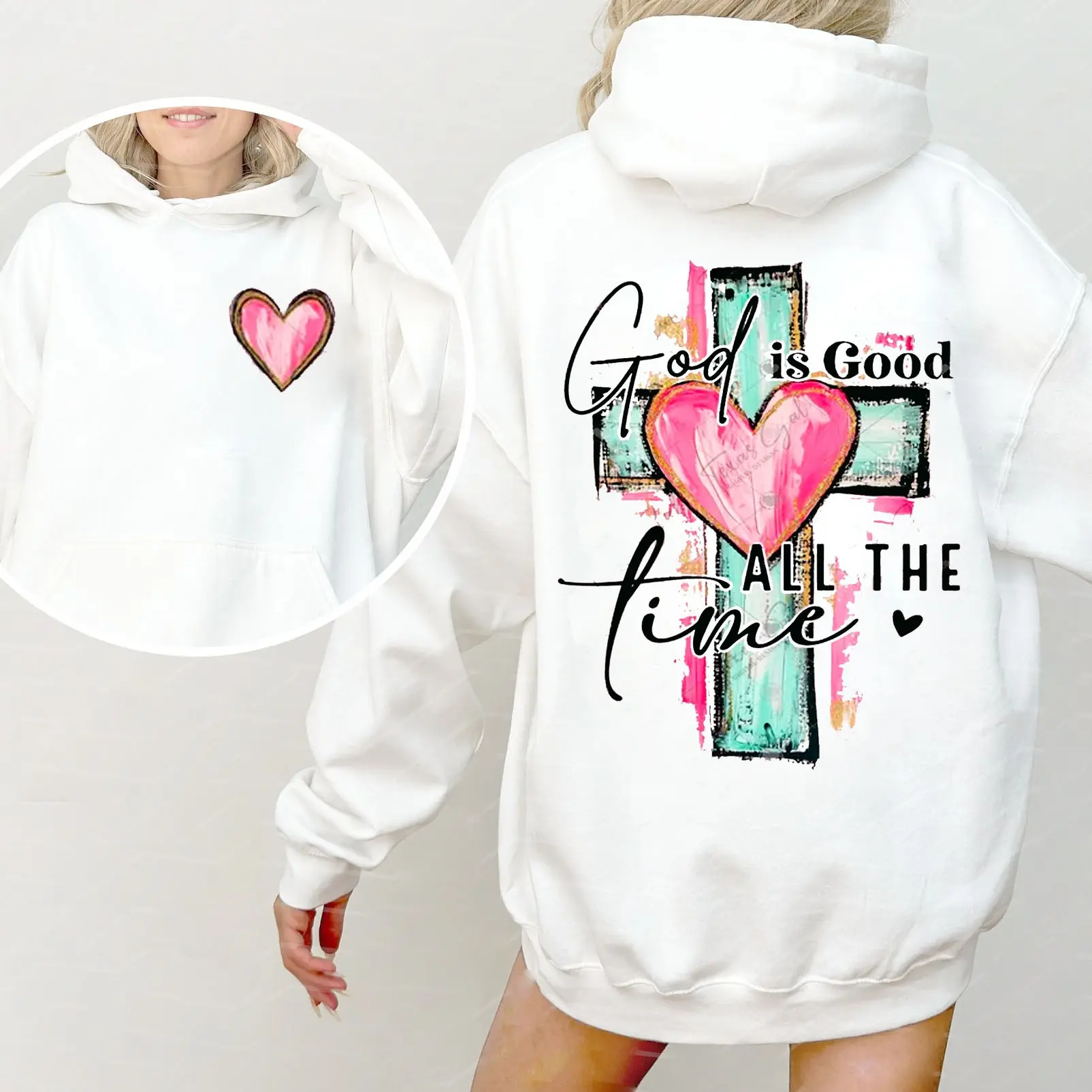 [Graphic Hoodie]✝️Brushstroke "God Is Good All The Time" 2-Sided Hoodie – Hand-Drawn Cross Watercolor Pullover, Religious Christian Streetwear Sweatshirt, Jesus Apparel, Unisex Fall Outfit, Trendy Graphic Hoodie, Gift for Men & Women, Viral TikTok Hoodie