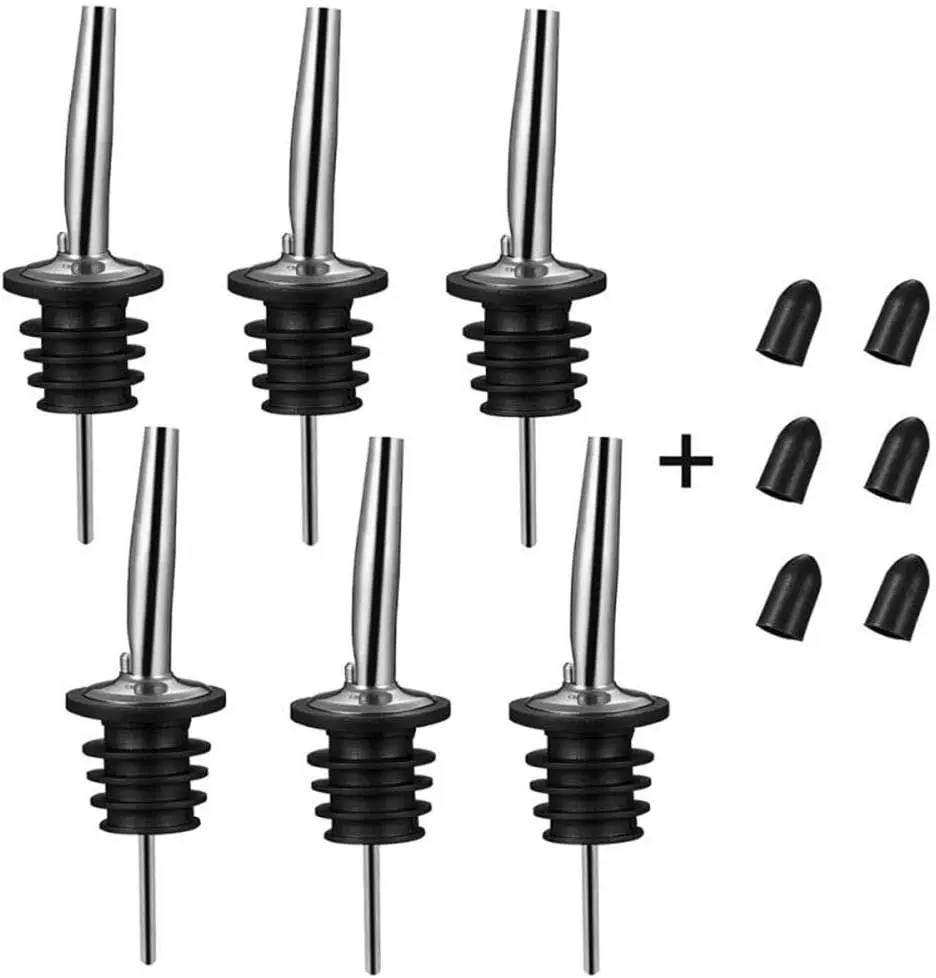 Liquor Bottle Pourers 6 Pack – Stainless Steel Olive Oil Spouts with Dust Caps, Drip-Free Pour Spout for Bar, Kitchen & Home Use