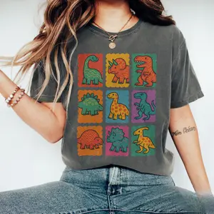 Cute Dino Grid Graphic T-shirt, Fun Jurassic Gift Idea, Retro Dinosaur Tee, Paleontology Fan Shirt, Prehistoric Dino Lover Top