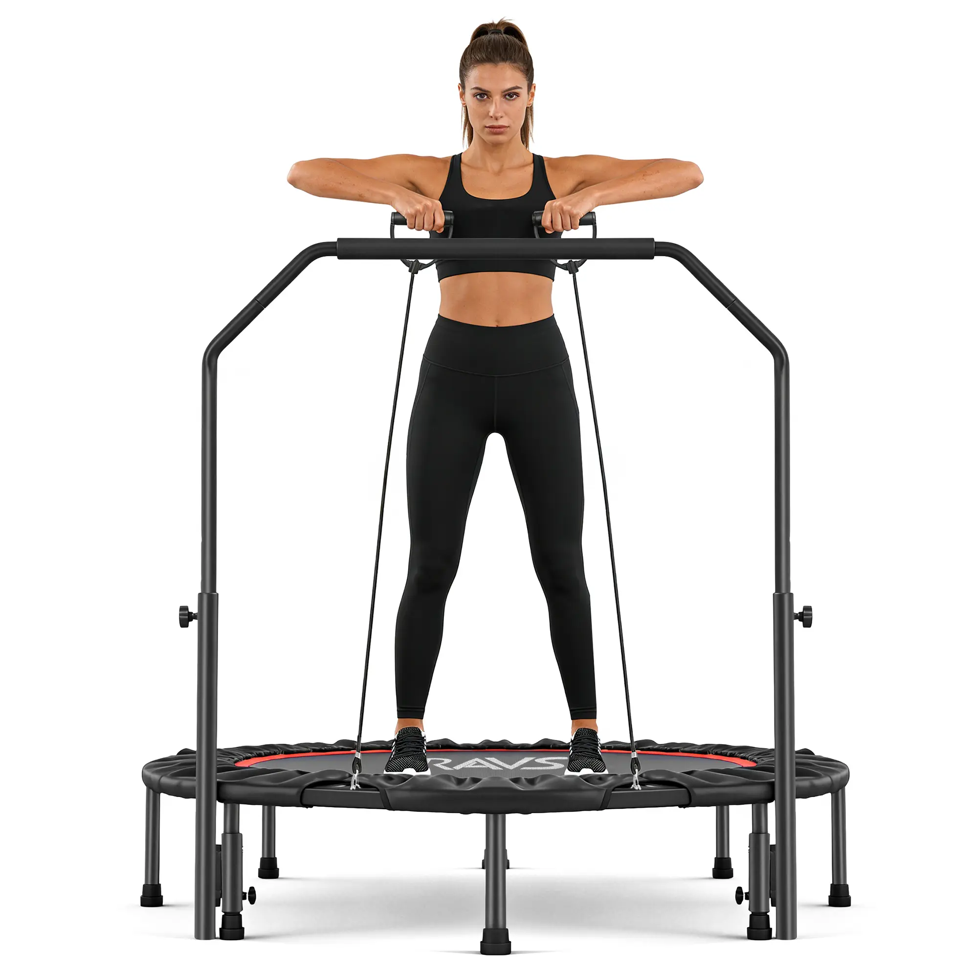 RAVS 48 Inch Rebounder Trampoline with Upgraded Non-Slip Stable Legs, Foldable Fitness Trampoline, Adjustable Handlebar, 450 lbs Weight Capacity for Adults