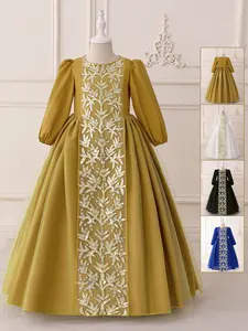 3-7Y Gold 05 Kids Clothes Flower Girls Frock Print Mesh Patchwork Ball Gown Pageant Children Elegant Princess Prom Host Formal Evening Party Banquet Cocktail Dress