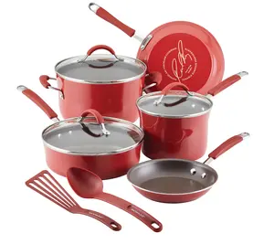Rachael Ray Cucina Nonstick Cookware Set 10pc Cranberry Red with Nonstick Coating & Shatter-resistant Glass Lids for Everyday Use