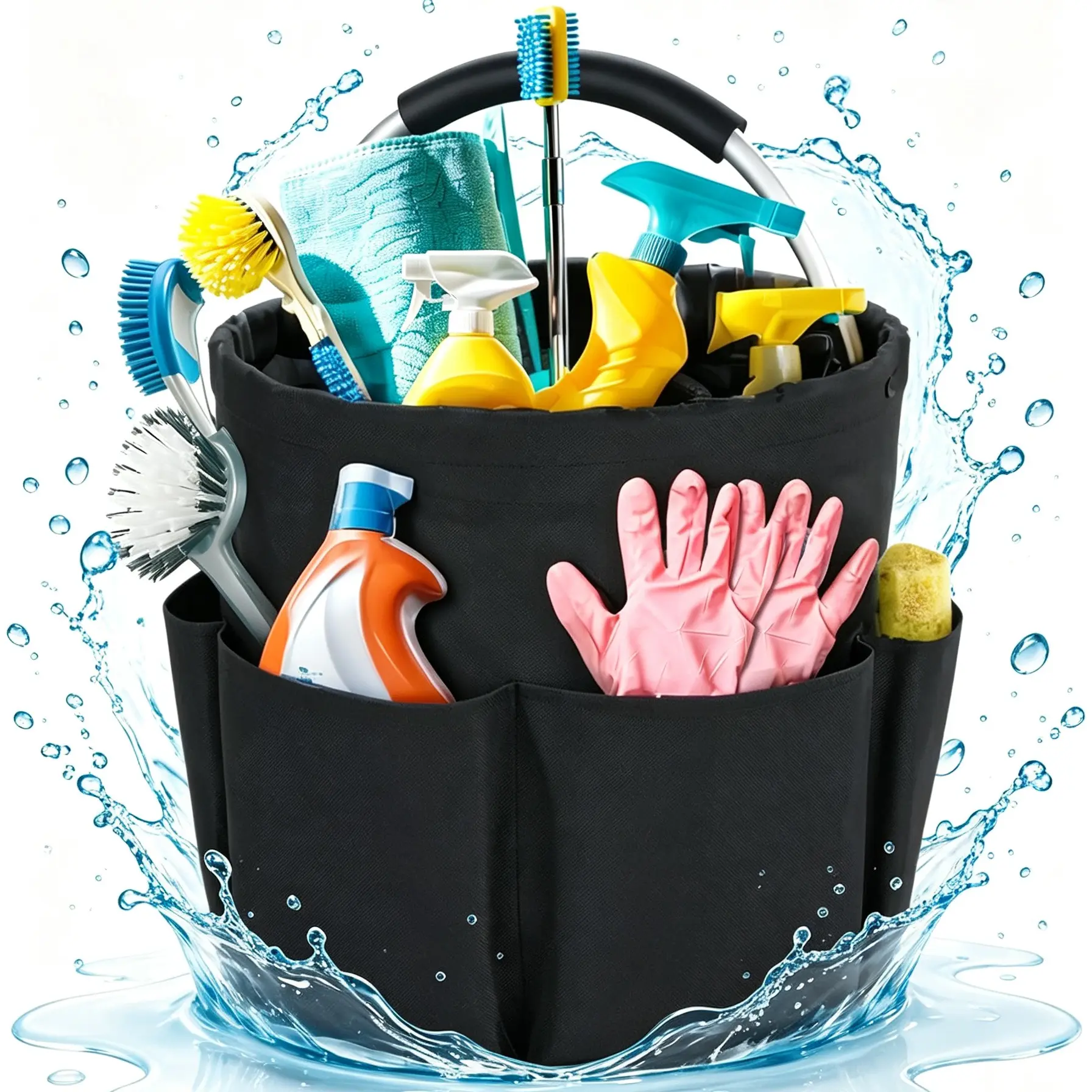 Cleaning Caddy with Handle, Cleaning Products Organiser, 17L Foldable Storage Basket, Cleaning Caddy Organiser, Portable Multi Cleaning Bucket Bag for Home, Garden (Black)