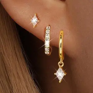 3Pcs Women’s Gold Plated Brass Earring Set, Dainty Square CZ Stud & Huggie Hoops, Hypoallergenic Stackable Jewelry for Everyday, Party & Birthday Gifting