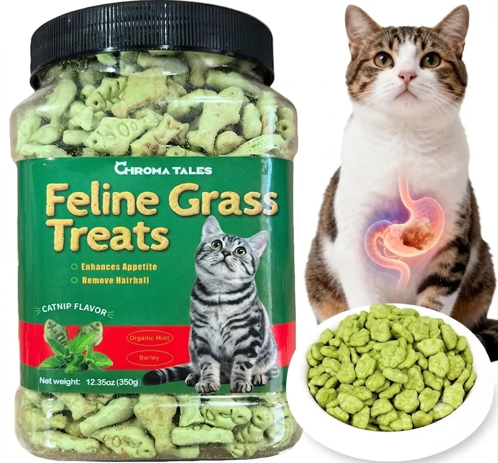 CHROMATALES Feline Grass Salmon Flavor Cat Treats - With Salmon Oil, Barley, Catnip, Hairball Control, Supports Dental Health, Healthy Teeth, Crunchy Training Snacks for All Cat Breeds, All Breeds