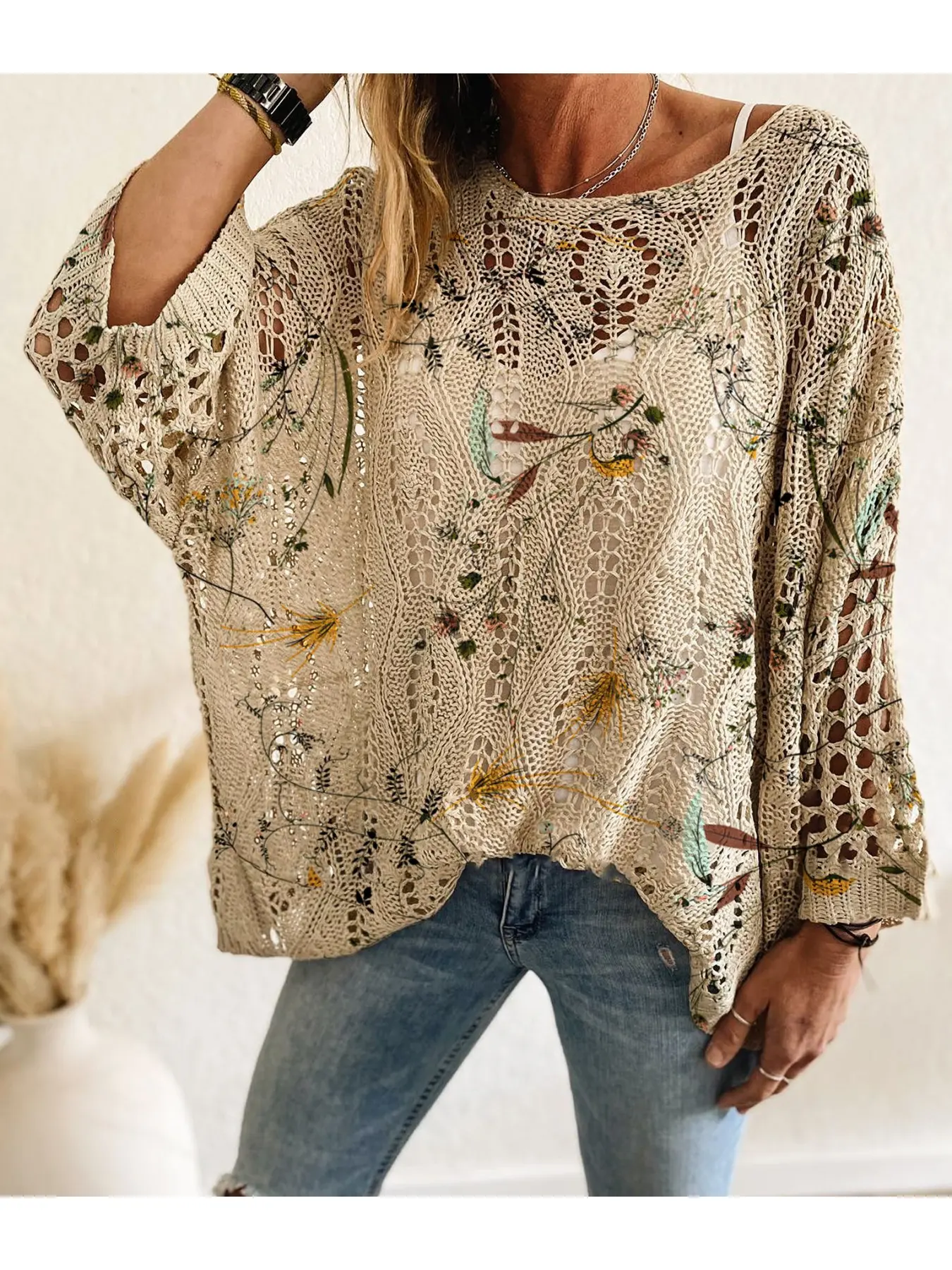 Spring/Summer style, off-the-shoulder diamond hollow-out, batwing drop shoulder loose fit, Oversize, contrast color Floral botanical print long-sleeve women's knitted top, vacation style, casual for commuting, women's vest & cover-up