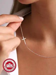 925 Sterling Silver Simple Cross Pendant Necklace for Women & Girls, Fashion Jewelry for Party, Daily Decor, Trendy All-match & Exquisite Jewelry for Birthday Gift, Cross Necklaces, Dainty Cross Necklace