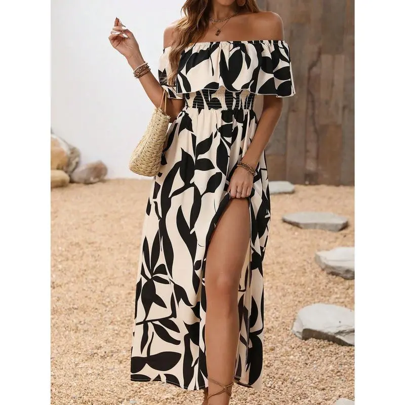 (New)Women's floral print off shoulder high waisted dress with ruffles, perfect for vacation beach wear