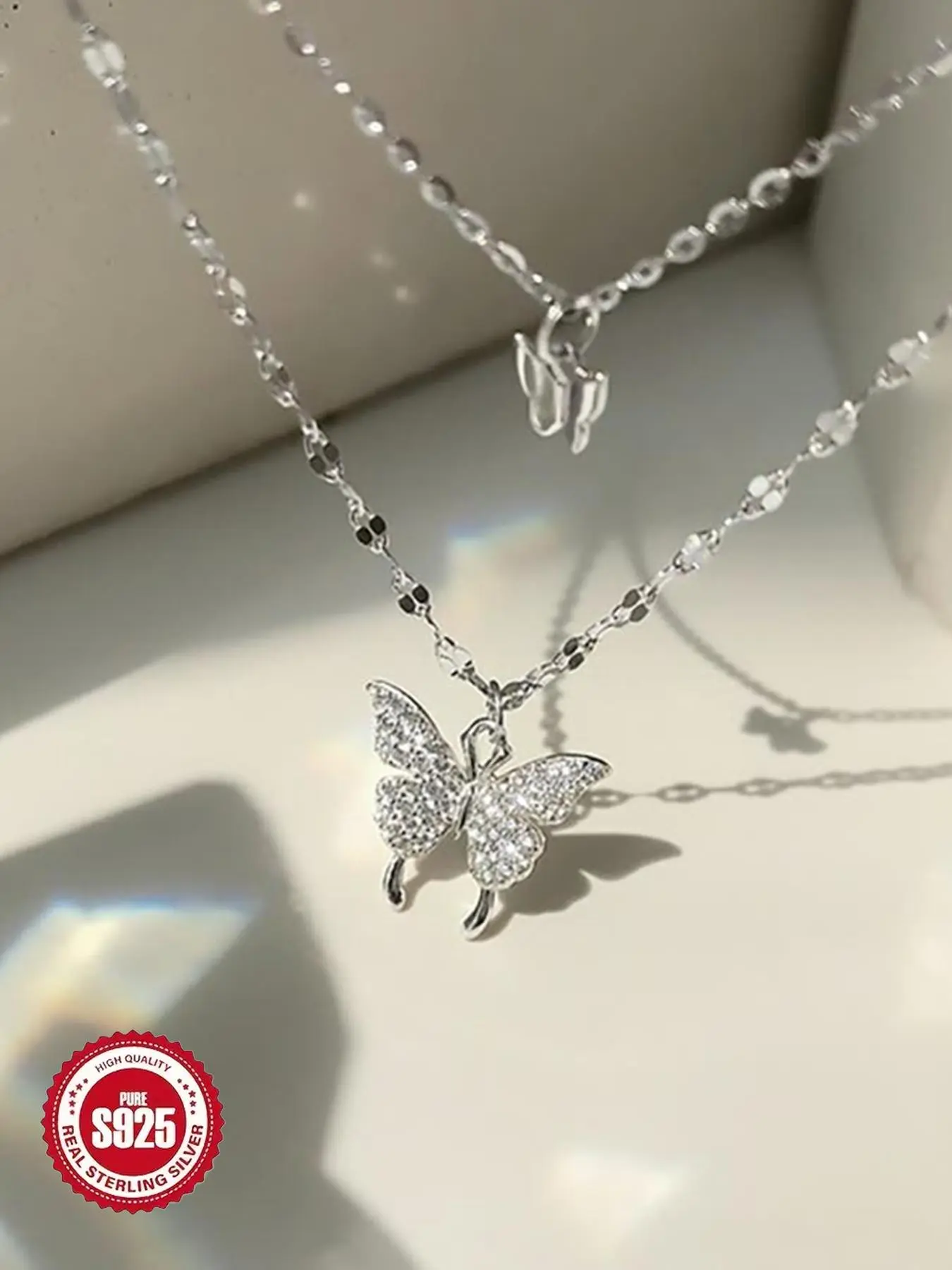 S925 Sterling Silver Butterfly Design Necklace, Double Layer Daily Wear Necklace Pendant with Zircon Decor, Fashion Jewelry Accessories for Women As Gift