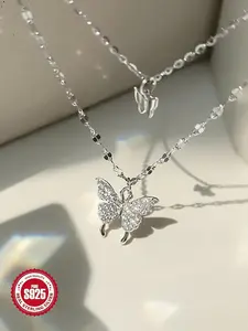 S925 Sterling Silver Butterfly Design Necklace, Double Layer Daily Wear Necklace with Zircon Decor, Fashion Jewelry Accessories for Women As Gift