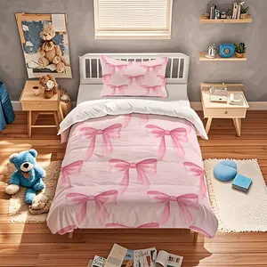 Bow Print Soft Durable Bedding Set, Includes 1 Fitted Sheet & Pillowcases, Modern Style Bedroom Decor for Teens Adults, Bed Sheet Sets