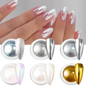 Chrome Nail Powder Set, 6 Pcs Metallic Gold Silver White Pearl Mirror Nail Powder, Holographic Aurora Nail Glitter Pigment Cat's Eye Effect Nail Decoration Acrylic Nail Extensions Nail Kit Set