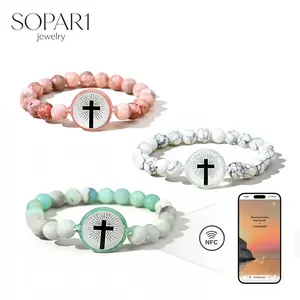 NFC Daily Bible Cross with Stone Bead Bracelet,Couple Bracelet Gospel Religious Jewelry for Birthday / Christmas / New Year / Valentine's Day Love Gift