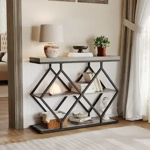 Garvee 39 Inch Narrow Console Table with 3-Tier Open Storage and Adjustable Leveling Feet, Featuring Industrial Diamond Metal Frame Design for Entryway, Hallway, or Living Room, Available in Gray, White, and Vintage Brown
