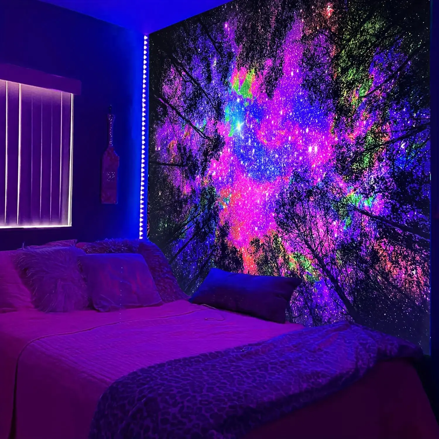 1pc UV Reactive Fluorescent Print Fantasy Galaxy Tapestry - Polyester Fairy Forest Glowing Color Illuminated Wall Hanging with Light, Easy-Care Colorful Tapestry for Living Room, Bedroom, Includes Free Installation Package, Colorful Tapestries