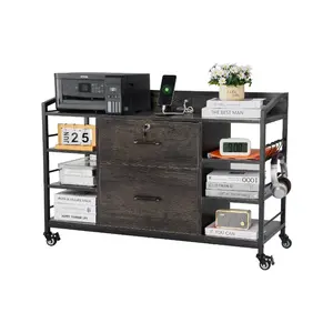 VEVOR 2 Drawers Metal File Cabinet, Lateral Filing Cabinet with Lock and 6 Open Shelves, Wooden Wide Filing Storage Cabinets with Power Strip for Letter, A4, Legal Size File, Easy Assembly, Gray