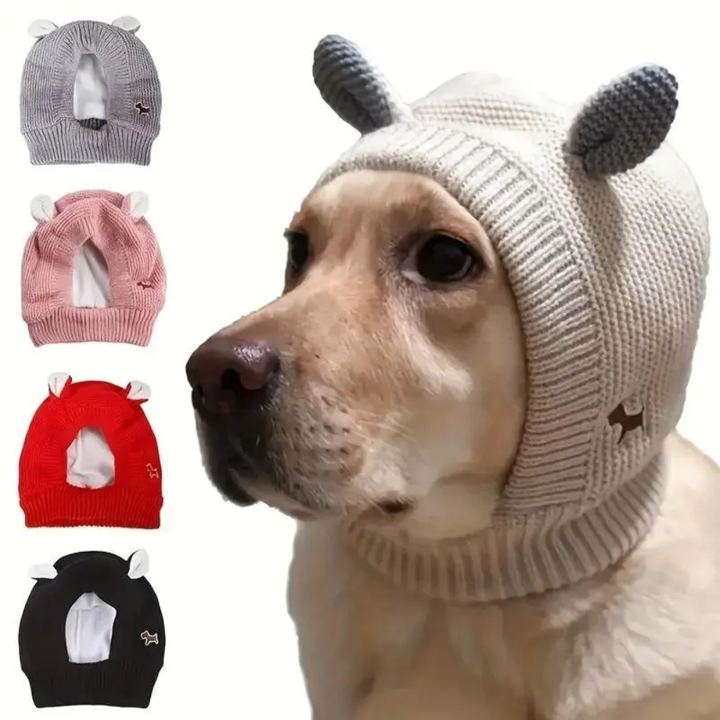 Anti-Noise Knitted Fabric Dog Hat - Warm, Soft Winter Headwear for Medium/Large Dogs, Comfortable Ear Cap, Orange Pet Clothing