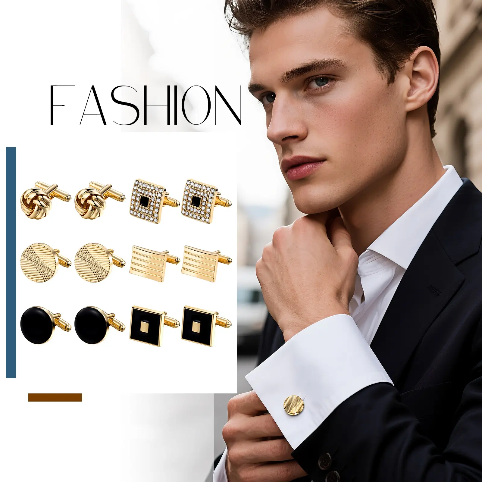 Men's 6-Pair High-Polished Geometric Cufflinks Set, Classical Formal Wear Accessories for Male Business, Wedding Occasions, Every Man, Zinc Alloy, Elegant