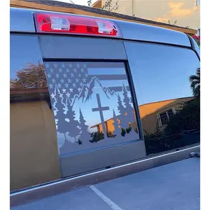 for Chevy Silverado GMC Sierra 2019-2025 Rear Sliding Window Sticker, Precut Matte Black American Flag Cross Mountain Forest Scene Truck Back Glass Decal, Patriotic Exterior Vinyl Accessories