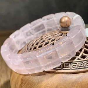 【Rose quartz bangle】Rose quartz bangle Wide Chunky Flat Oval Stone Beads Bangle Wristband Bracelet for Women Elastic Stretch