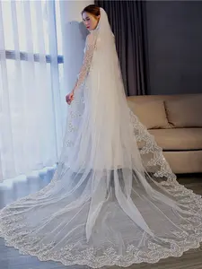 Vintage Long Wedding Veil, Lace Drop Veil, Single Layer Sheer Tulle with Lace Trim, Trailing Bridal Headpiece with Hair Comb, Premium Wedding Accessory