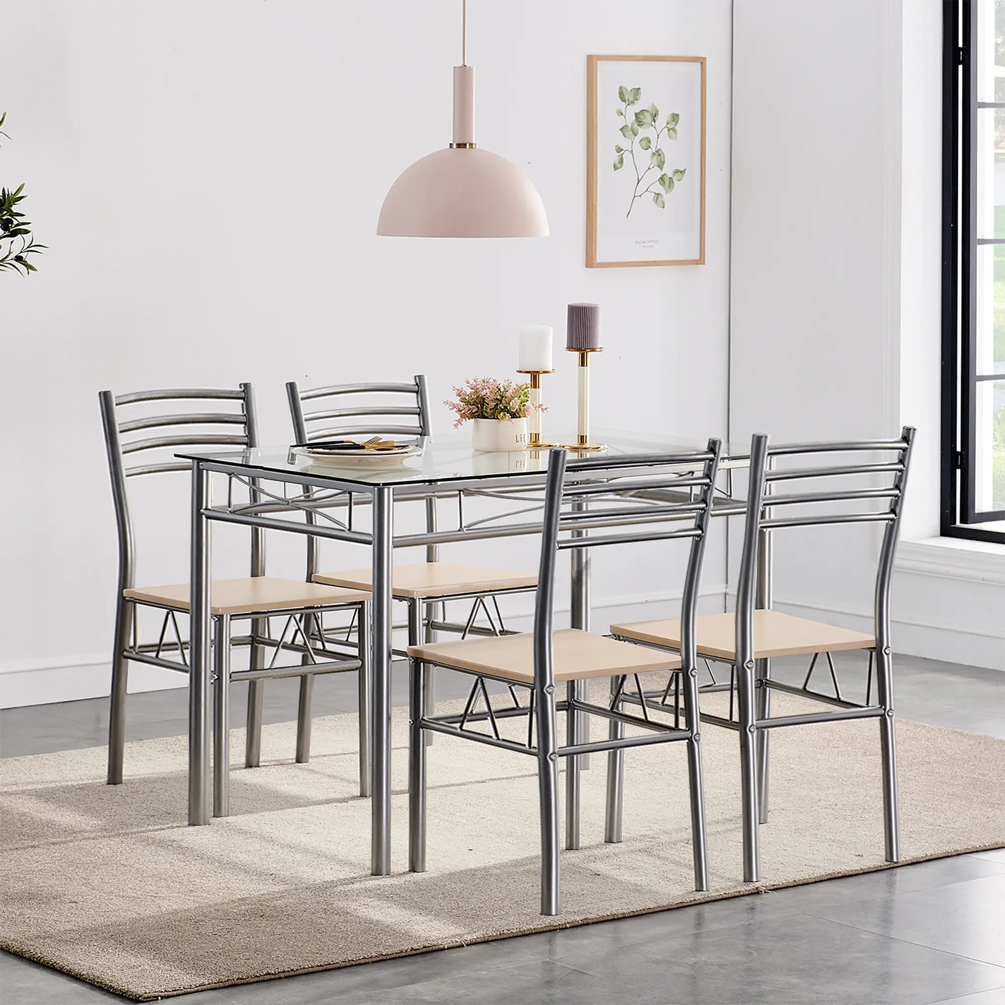 VECELO 5-Piece Dining Table Set Kitchen Table And Chairs Sets For 4 Metal And Glass Tabletop Rectangular Dinette Sets For Kitchen, Breakfast,Dining Room,Living Room