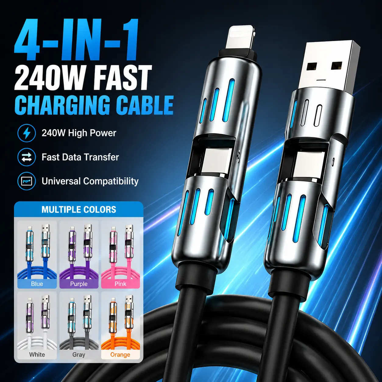 4-in-1 fast charging cable with LED indicator light, 240W multifunctional USB-C charging cable, anti-tangle design, universal cable with Lightning/USB/Type-C connectors, suitable for phones, tablets, and power banks—an ideal gift for yourself, family, and
